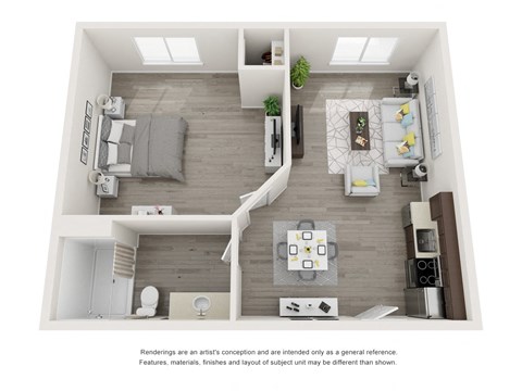 Floor plan for 1 bed, 1 bath, 492 sqft